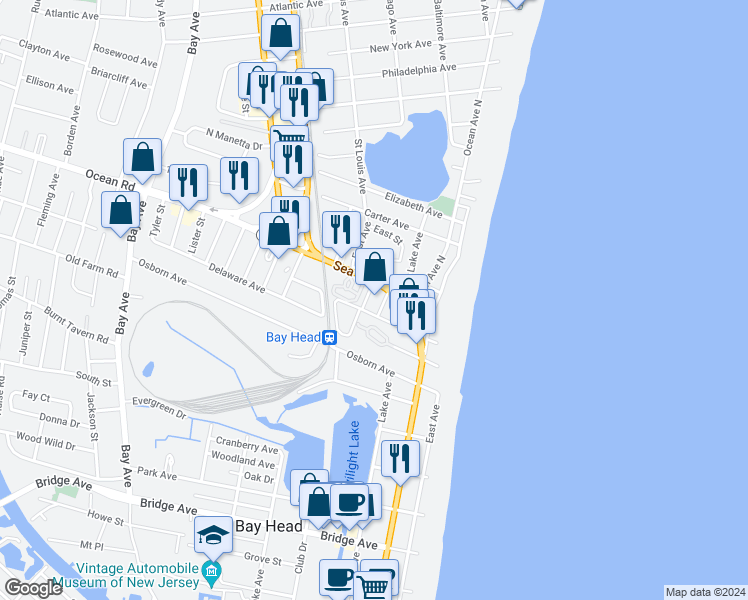 map of restaurants, bars, coffee shops, grocery stores, and more near 310 Sea Avenue in Point Pleasant Beach