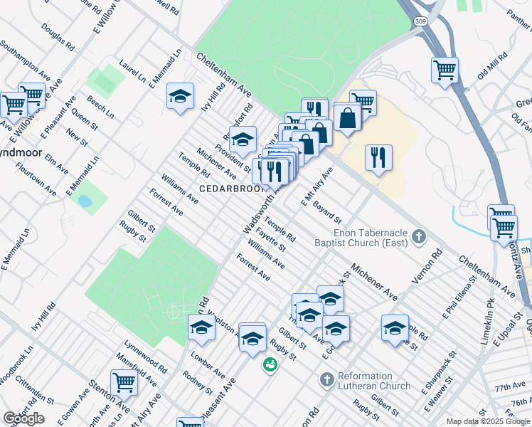 map of restaurants, bars, coffee shops, grocery stores, and more near 8343 Temple Road in Philadelphia