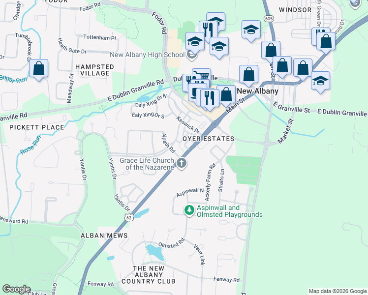 map of restaurants, bars, coffee shops, grocery stores, and more near 4 Richmond Square in New Albany
