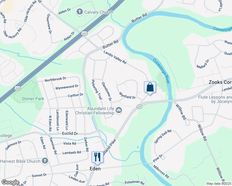 map of restaurants, bars, coffee shops, grocery stores, and more near 2034 Wynfield Drive in Lancaster