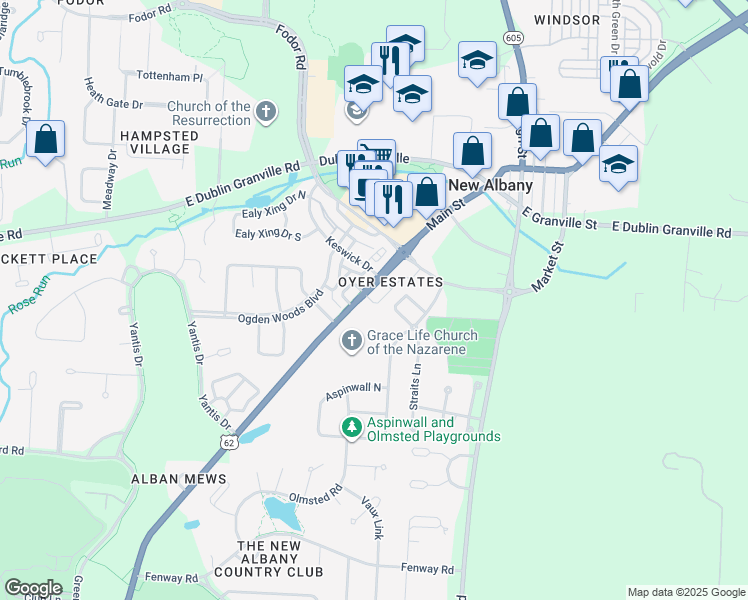 map of restaurants, bars, coffee shops, grocery stores, and more near 6074 Johnstown Road in New Albany
