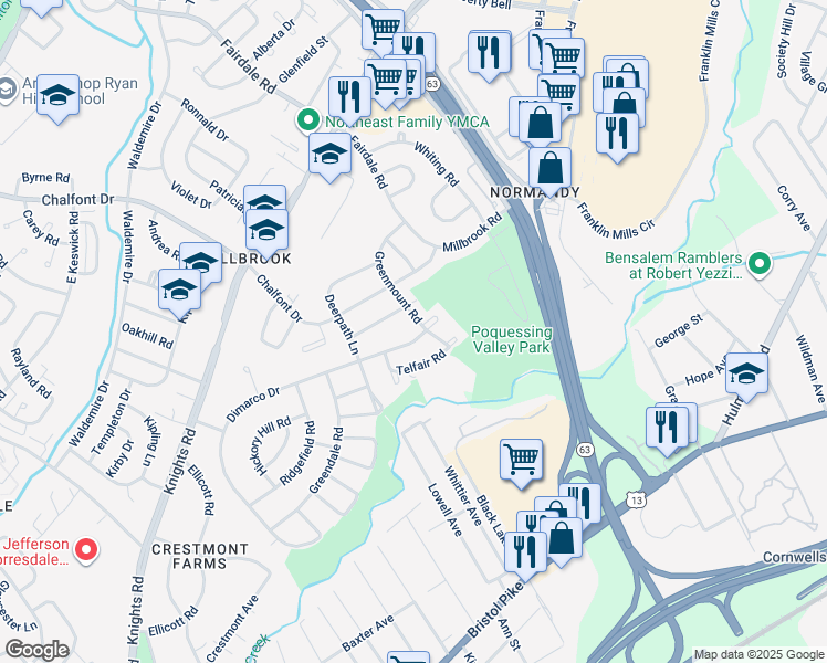 map of restaurants, bars, coffee shops, grocery stores, and more near 11748 Dimarco Drive in Philadelphia