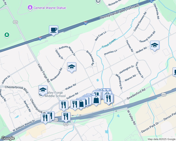 map of restaurants, bars, coffee shops, grocery stores, and more near 1329 Anthony Wayne Drive in Wayne