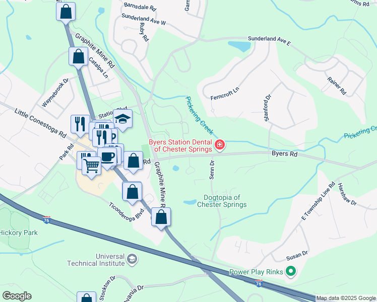 map of restaurants, bars, coffee shops, grocery stores, and more near 201 Byers Road in Chester Springs