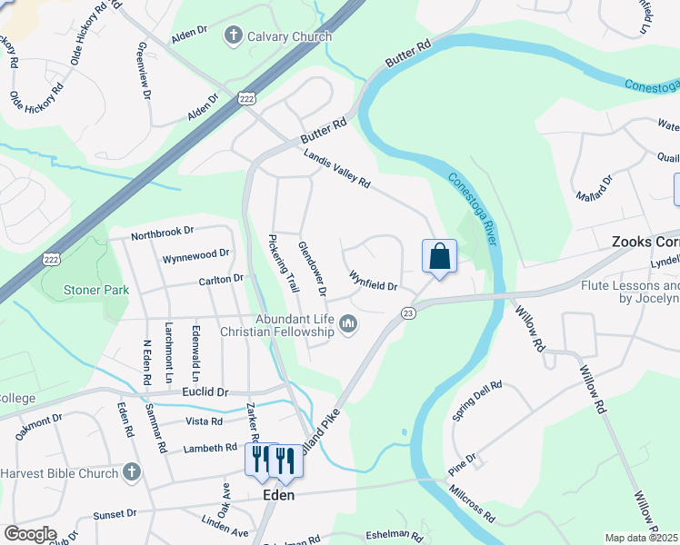 map of restaurants, bars, coffee shops, grocery stores, and more near 2034 Wynfield Drive in Lancaster