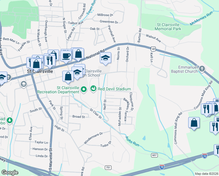map of restaurants, bars, coffee shops, grocery stores, and more near 101 Young Lane in Saint Clairsville