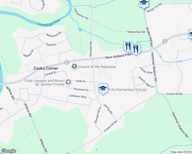 map of restaurants, bars, coffee shops, grocery stores, and more near 889 Hornig Road in Lancaster