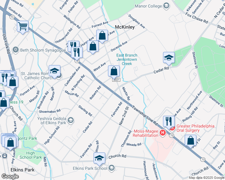 map of restaurants, bars, coffee shops, grocery stores, and more near 749 Township Line Road in Elkins Park