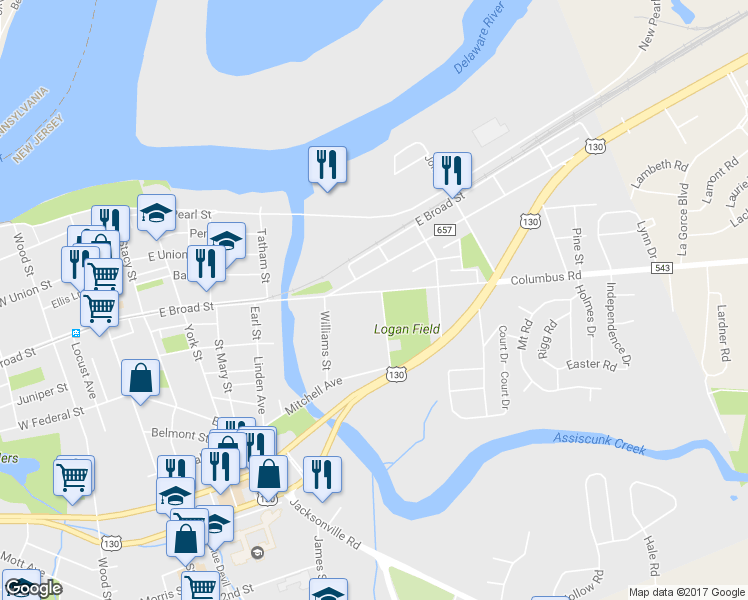 map of restaurants, bars, coffee shops, grocery stores, and more near 614 Columbus Road in Burlington