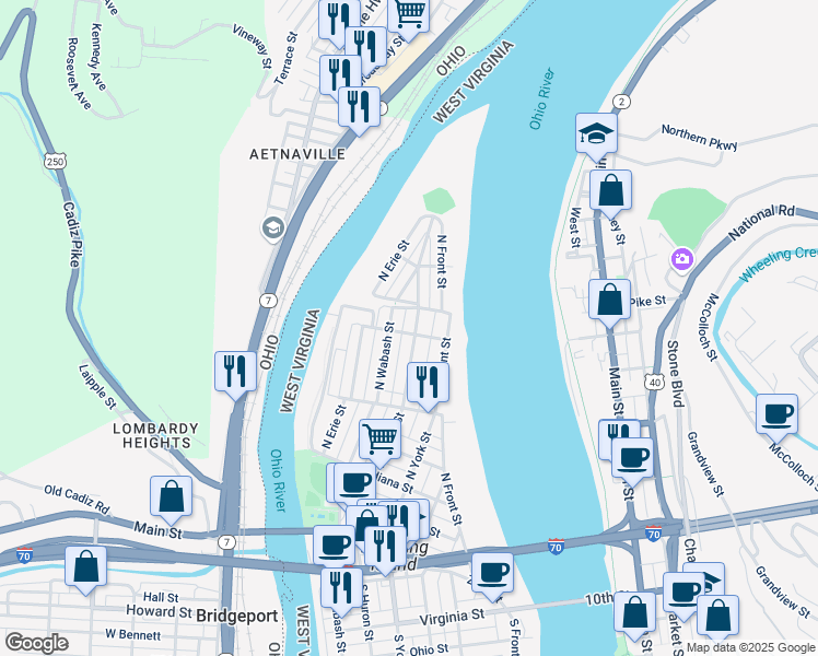 map of restaurants, bars, coffee shops, grocery stores, and more near 502 North Huron Street in Wheeling