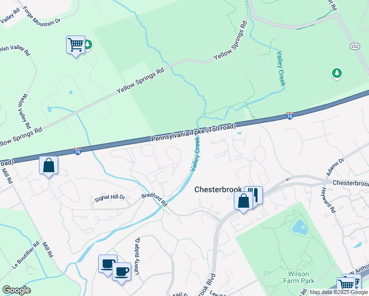 map of restaurants, bars, coffee shops, grocery stores, and more near 263 Valley Stream Lane in Chesterbrook
