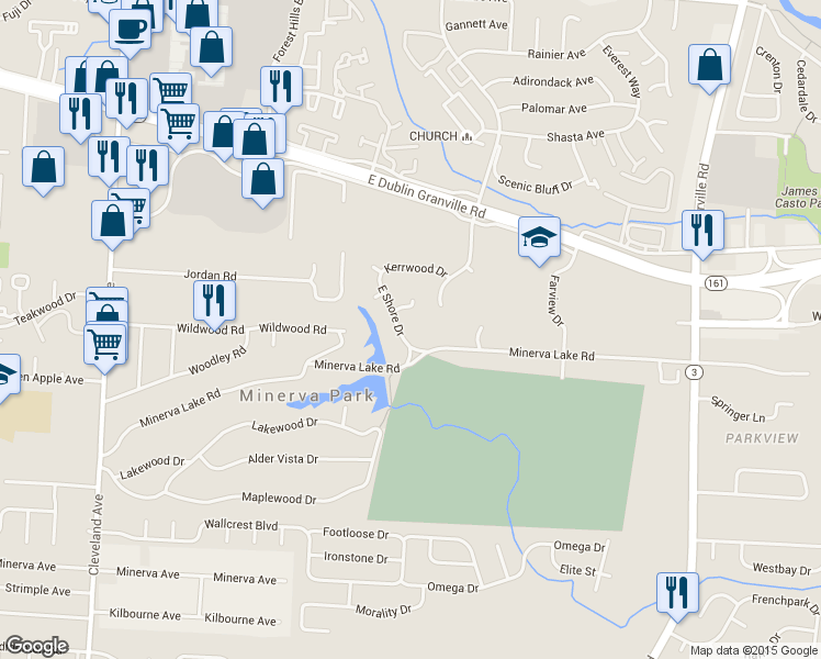 map of restaurants, bars, coffee shops, grocery stores, and more near 5266 East Shore Drive in Columbus