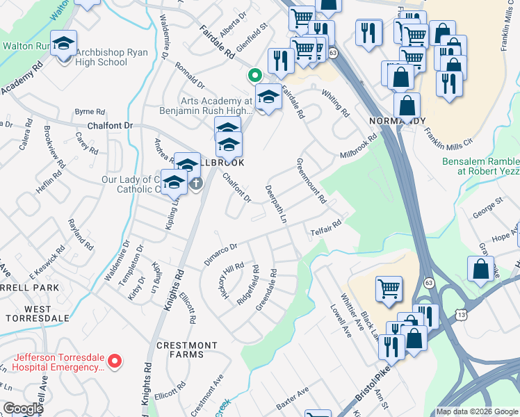 map of restaurants, bars, coffee shops, grocery stores, and more near 4200 Chalfont Place in Philadelphia