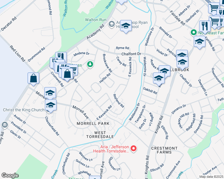 map of restaurants, bars, coffee shops, grocery stores, and more near 3564 Kyle Road in Philadelphia