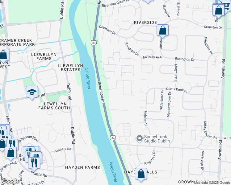 map of restaurants, bars, coffee shops, grocery stores, and more near 5548 Riverside Drive in Dublin