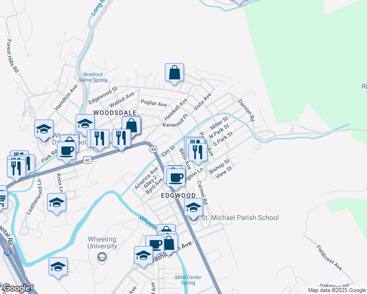 map of restaurants, bars, coffee shops, grocery stores, and more near 5 Birch Avenue in Wheeling