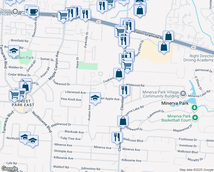 map of restaurants, bars, coffee shops, grocery stores, and more near 38 Mallards Landing in Columbus