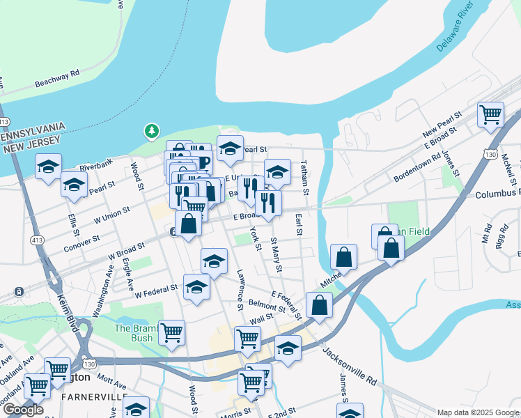 map of restaurants, bars, coffee shops, grocery stores, and more near 219 East Broad Street in Burlington
