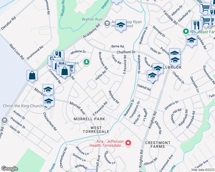 map of restaurants, bars, coffee shops, grocery stores, and more near 3564 Kyle Road in Philadelphia