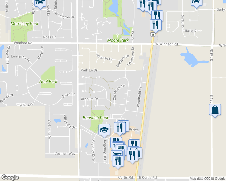 map of restaurants, bars, coffee shops, grocery stores, and more near 1807 Old Maple Lane in Savoy
