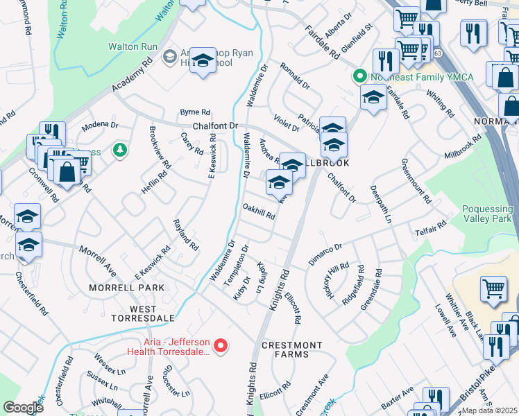 map of restaurants, bars, coffee shops, grocery stores, and more near 3809 Oakhill Road in Philadelphia