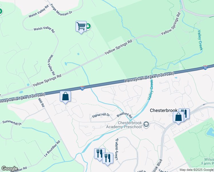map of restaurants, bars, coffee shops, grocery stores, and more near 722 Washington Place in Chesterbrook
