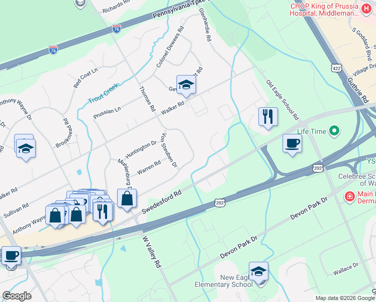 map of restaurants, bars, coffee shops, grocery stores, and more near 1225 Thomas Road in Wayne