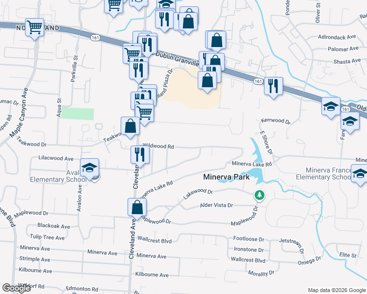 map of restaurants, bars, coffee shops, grocery stores, and more near 2662 Wildwood Road in Columbus