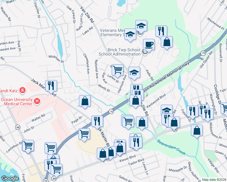 map of restaurants, bars, coffee shops, grocery stores, and more near 281 Worth Street in Brick Township