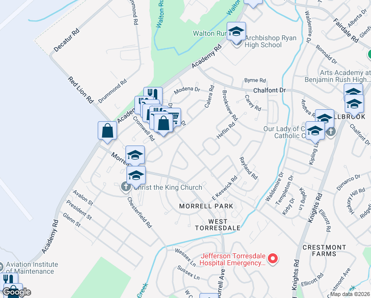 map of restaurants, bars, coffee shops, grocery stores, and more near 3308 Red Lion Road in Philadelphia