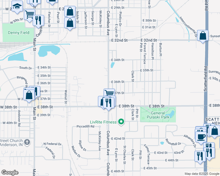 map of restaurants, bars, coffee shops, grocery stores, and more near 3620 Columbus Avenue in Anderson