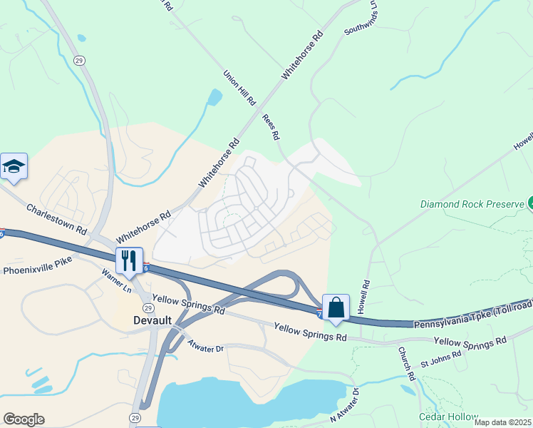 map of restaurants, bars, coffee shops, grocery stores, and more near 155 Spring Oak Drive in Malvern