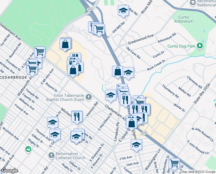 map of restaurants, bars, coffee shops, grocery stores, and more near 24 Twomey Court in Wyncote