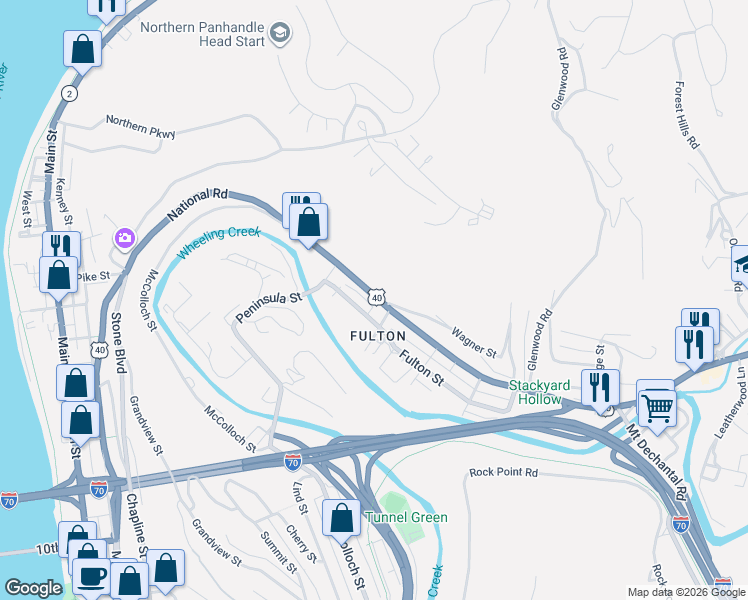 map of restaurants, bars, coffee shops, grocery stores, and more near 424 National Road in Wheeling
