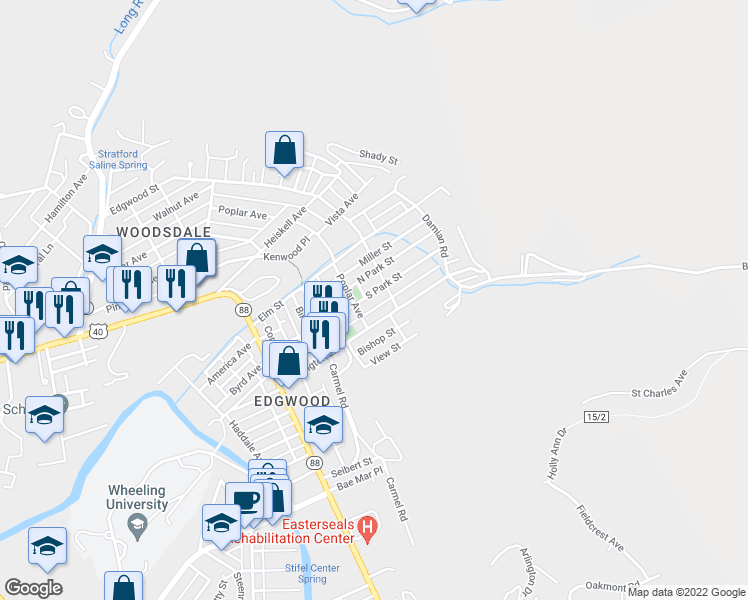 map of restaurants, bars, coffee shops, grocery stores, and more near 127 South Park Street in Wheeling