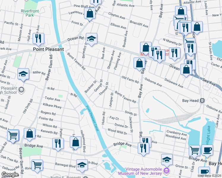 map of restaurants, bars, coffee shops, grocery stores, and more near 1309 Nersita Drive in Point Pleasant