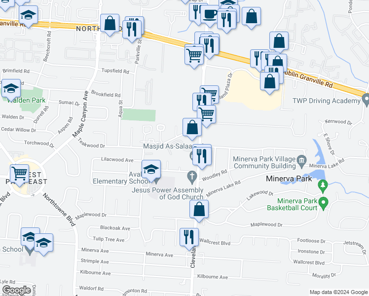 map of restaurants, bars, coffee shops, grocery stores, and more near 2496 Mallards Landing in Columbus