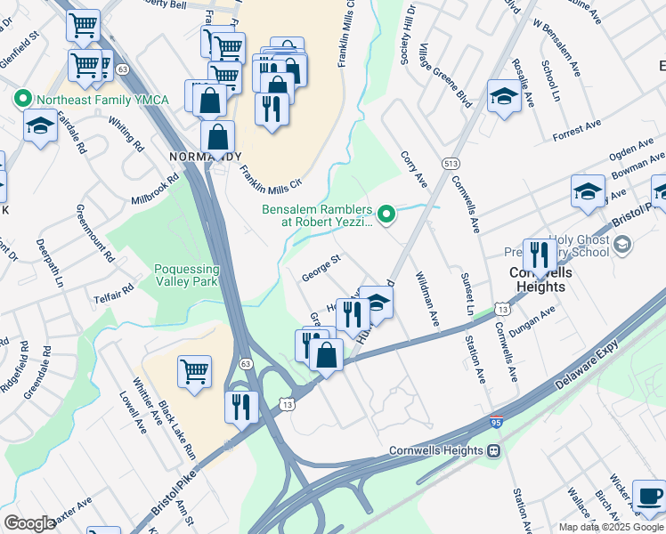 map of restaurants, bars, coffee shops, grocery stores, and more near 1715 George Street in Bensalem