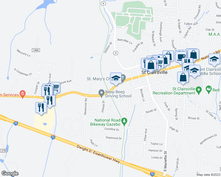 map of restaurants, bars, coffee shops, grocery stores, and more near 241 West Main Street in Saint Clairsville