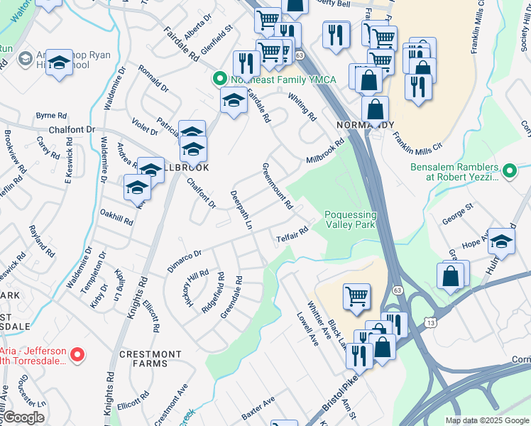 map of restaurants, bars, coffee shops, grocery stores, and more near 11729 Denman Road in Philadelphia
