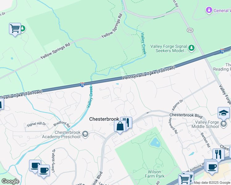 map of restaurants, bars, coffee shops, grocery stores, and more near 205 Springhouse Pond in Chesterbrook