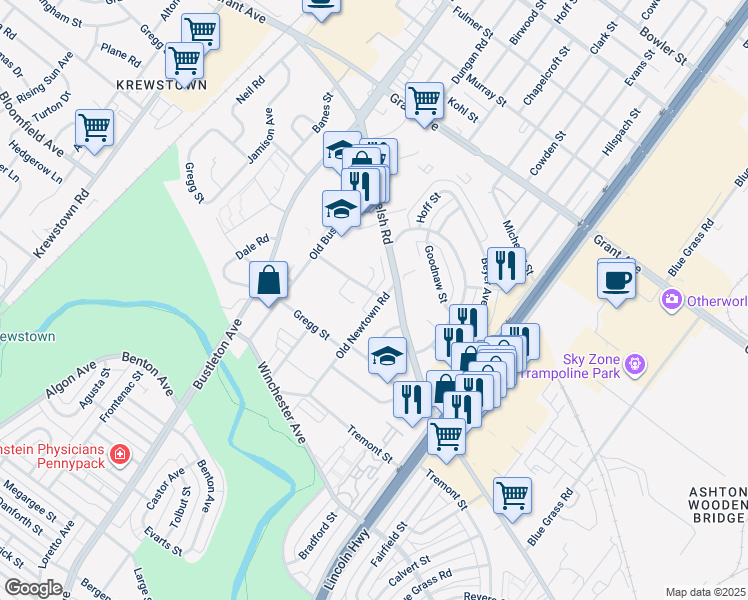 map of restaurants, bars, coffee shops, grocery stores, and more near 9238 Old Newtown Road in Philadelphia