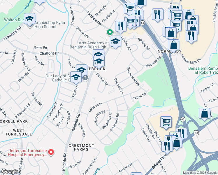 map of restaurants, bars, coffee shops, grocery stores, and more near 4200 Chalfont Place in Philadelphia