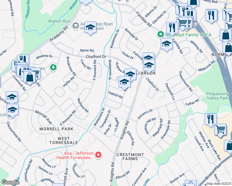 map of restaurants, bars, coffee shops, grocery stores, and more near 3809 Oakhill Road in Philadelphia