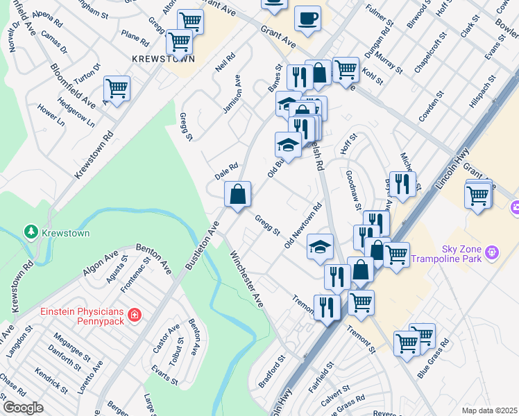 map of restaurants, bars, coffee shops, grocery stores, and more near 9101 Bustleton Avenue in Philadelphia