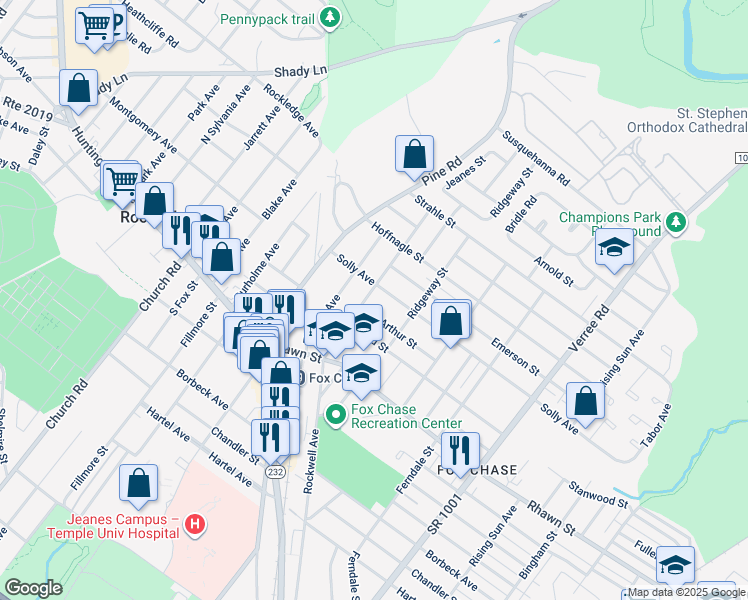 map of restaurants, bars, coffee shops, grocery stores, and more near 8116 Jeanes Street in Philadelphia