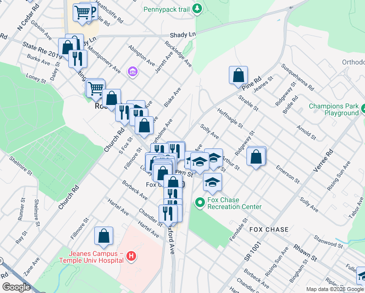 map of restaurants, bars, coffee shops, grocery stores, and more near 8040 Pine Road in Philadelphia