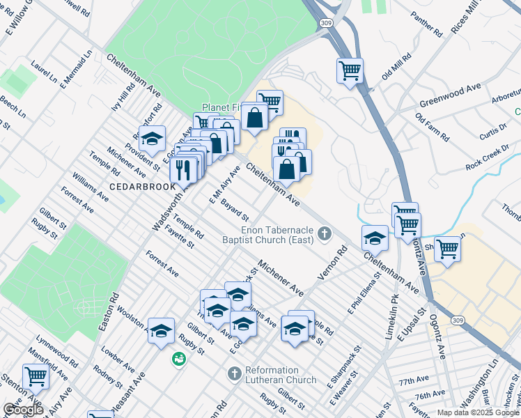 map of restaurants, bars, coffee shops, grocery stores, and more near 8218 Pickering Avenue in Philadelphia
