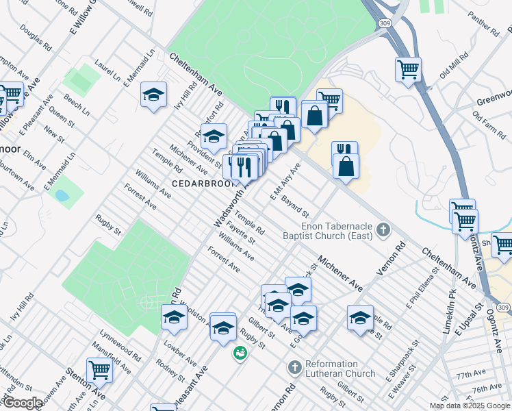 map of restaurants, bars, coffee shops, grocery stores, and more near 1503 East Mount Airy Avenue in Philadelphia