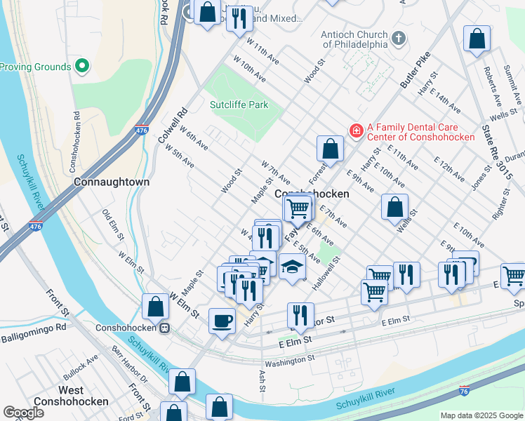 map of restaurants, bars, coffee shops, grocery stores, and more near 130 West 5th Avenue in Conshohocken